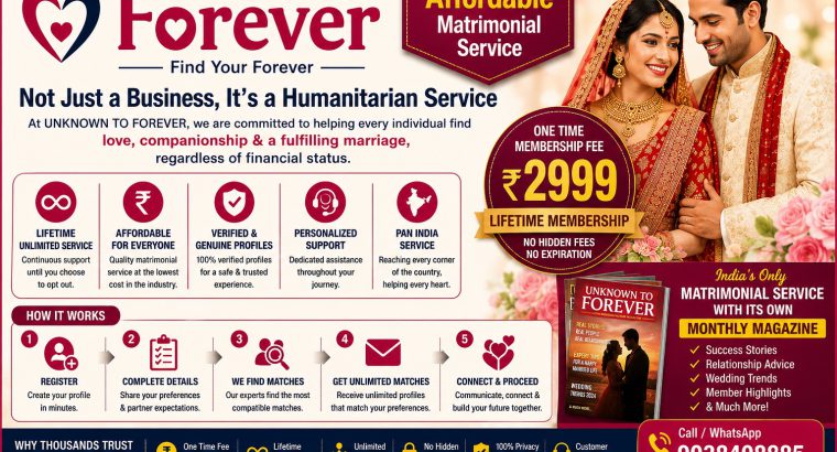 Most Affordable Lifetime Matrimonial Service, Matchmaking Kolata – Unknown to Forever