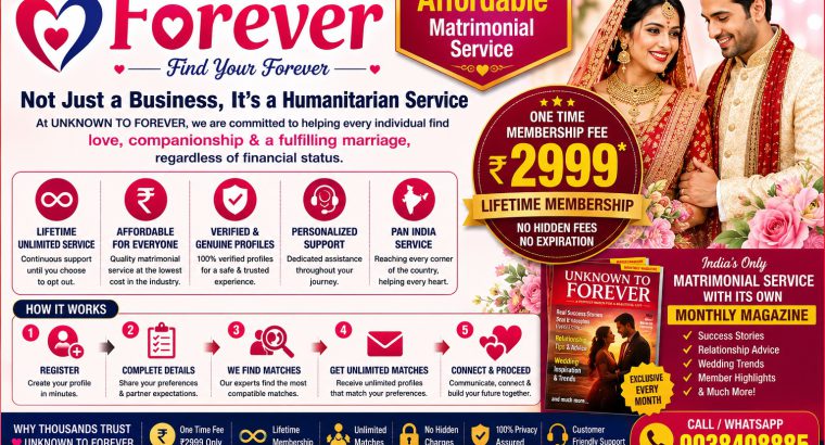 Most Affordable Lifetime Matrimonial Service, Matchmaking Kolata – Unknown to Forever